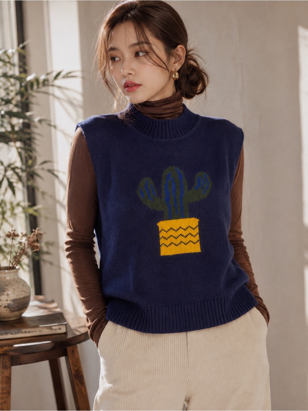 Vero Moda Blue Cactus Graphic Sleeveless Knit Sweater Vest